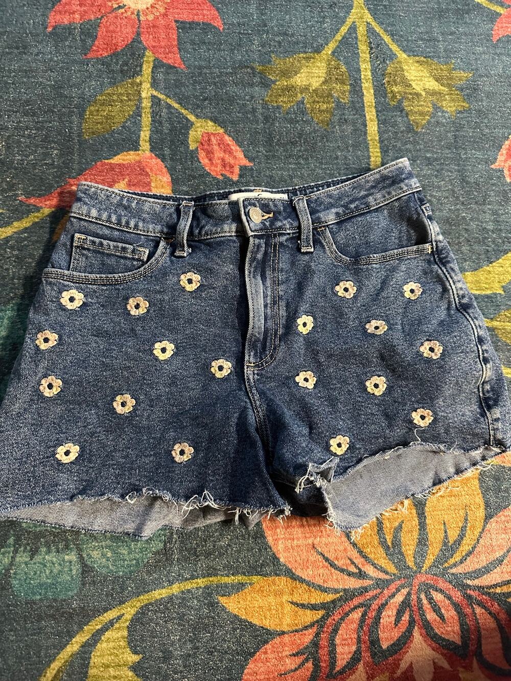 Hollister Embroidered Flower High Rise Mom Denim Shorts Size 28